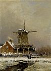 Covered Canvas Paintings - Figures by a windmill in a snow covered landscape